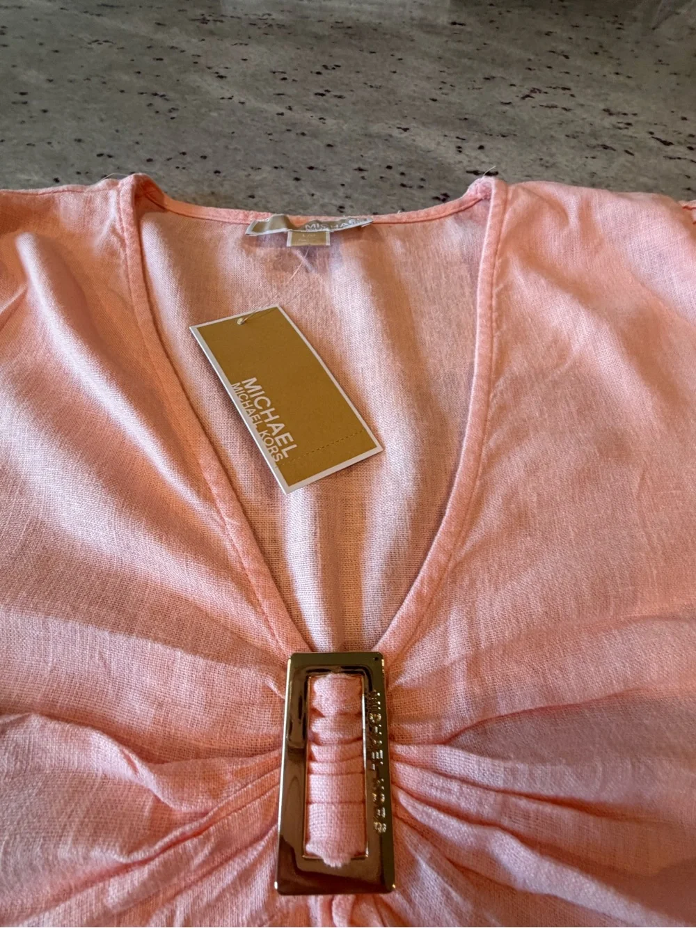 Michael Kors Peach V-Neck Short Sleeve Top with Center Buckle